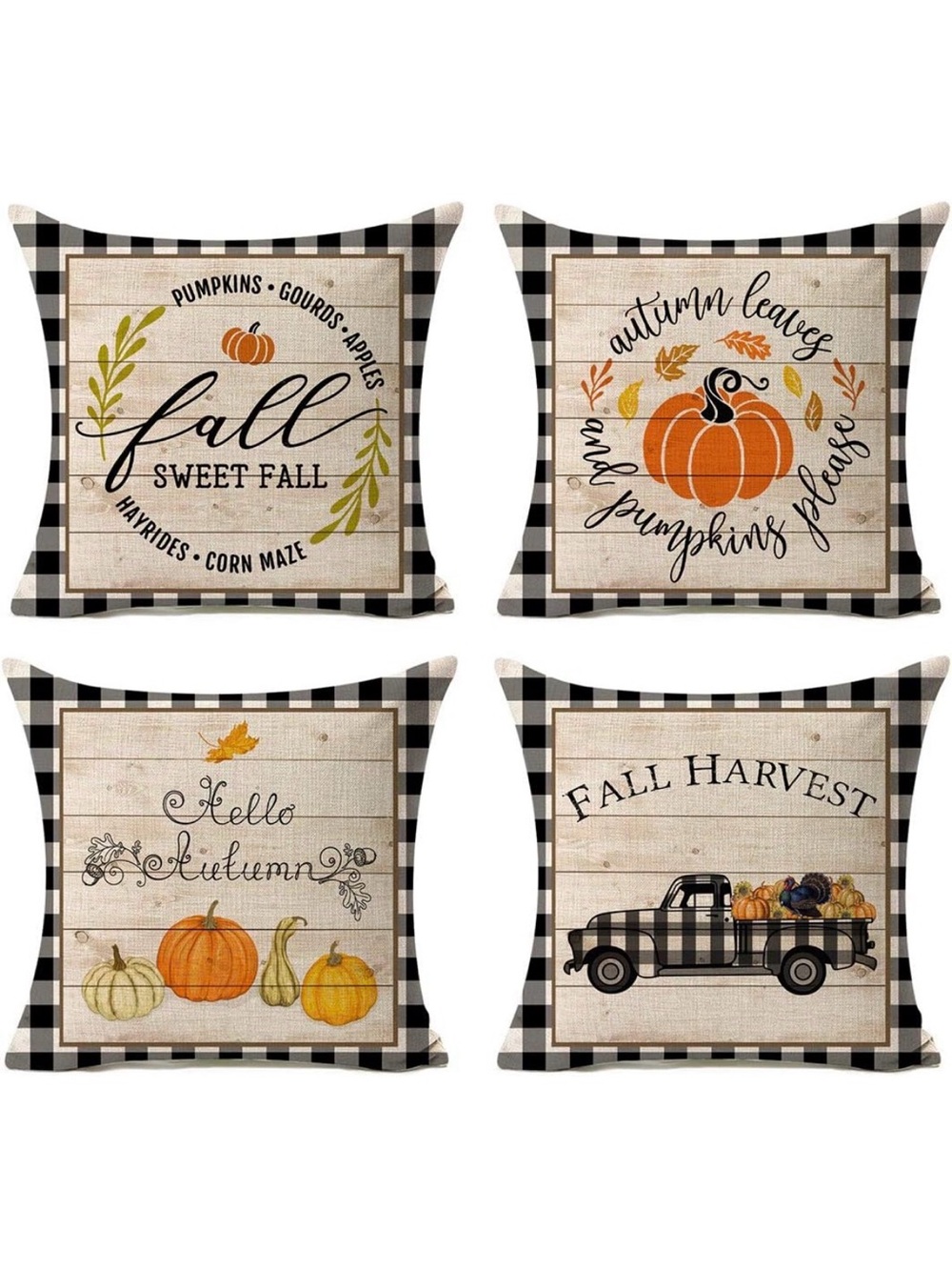 Autumn Farmhouse Fall Pillow Covers - Black Plaid & Orange Pumpkin - Set of Four
